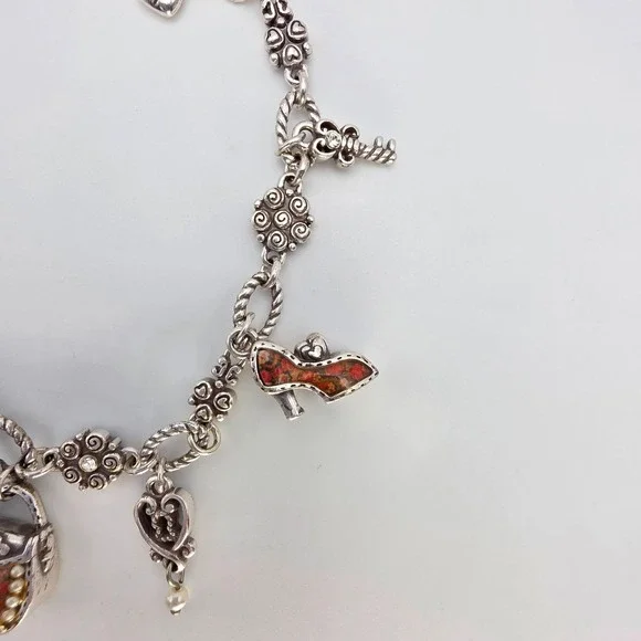 BRIGHTON Victoriana Charm Bracelet Floral Heels Purse Fan Resin Sliver Plate 8" - Picture 4 of 7